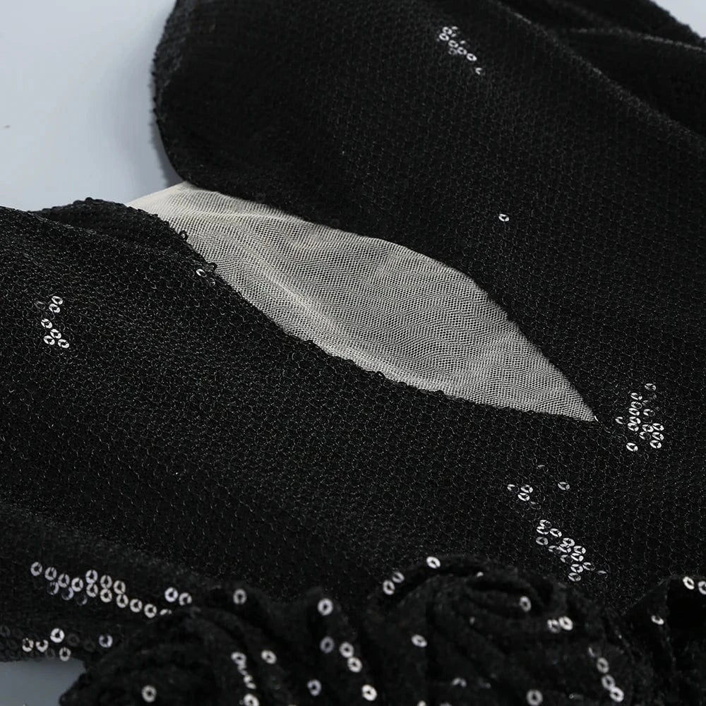 Women 2025 Black Sequin Strapless Mermaid Style Long Dress Hollow out Rose Embellishments Elegant Glamorous Party Evening Gown