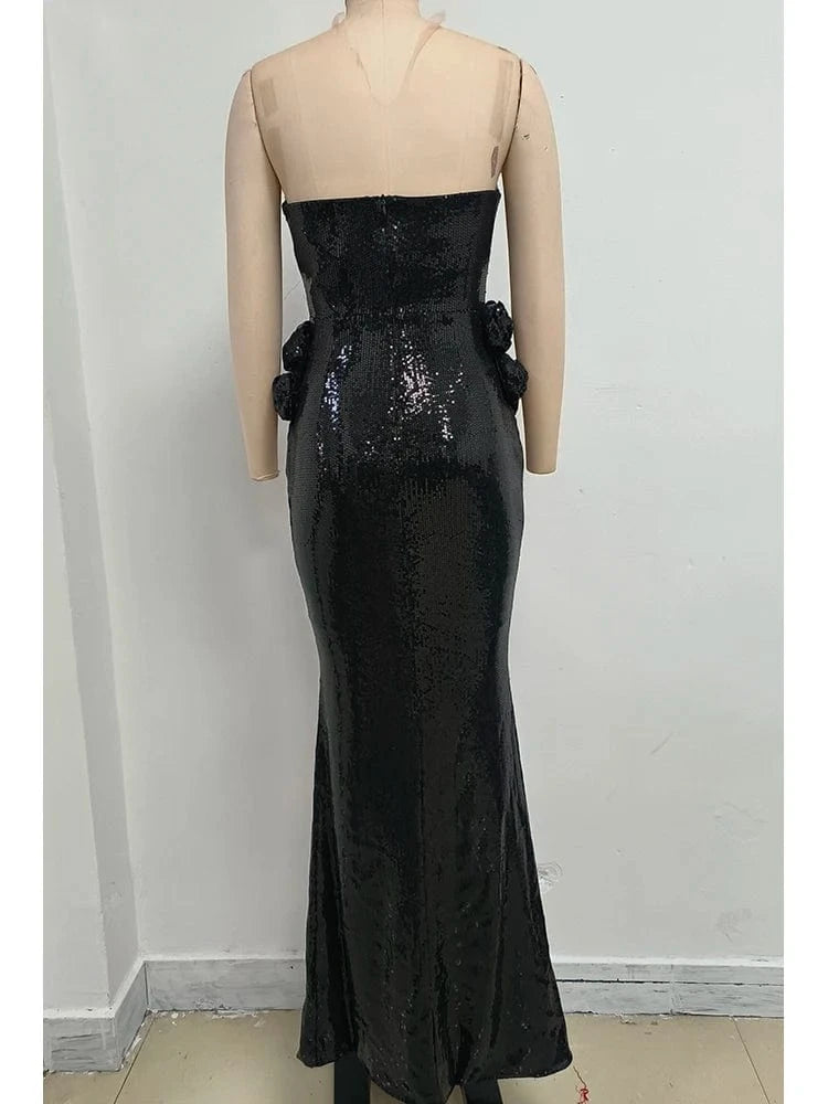 Women 2025 Black Sequin Strapless Mermaid Style Long Dress Hollow out Rose Embellishments Elegant Glamorous Party Evening Gown