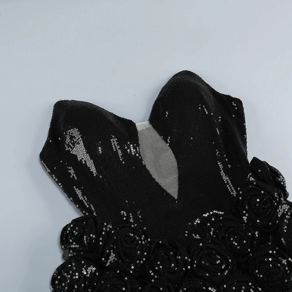 Women 2025 Black Sequin Strapless Mermaid Style Long Dress Hollow out Rose Embellishments Elegant Glamorous Party Evening Gown