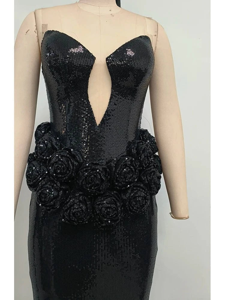 Women 2025 Black Sequin Strapless Mermaid Style Long Dress Hollow out Rose Embellishments Elegant Glamorous Party Evening Gown