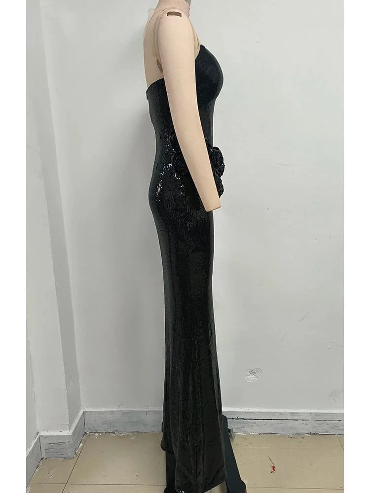 Women 2025 Black Sequin Strapless Mermaid Style Long Dress Hollow out Rose Embellishments Elegant Glamorous Party Evening Gown