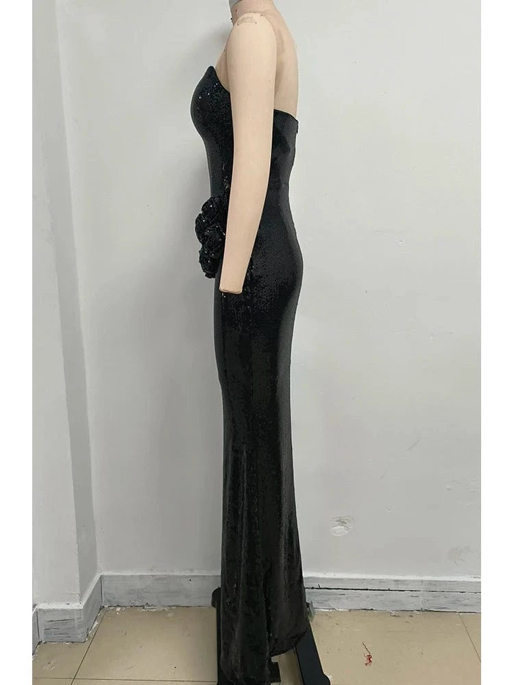 Women 2025 Black Sequin Strapless Mermaid Style Long Dress Hollow out Rose Embellishments Elegant Glamorous Party Evening Gown