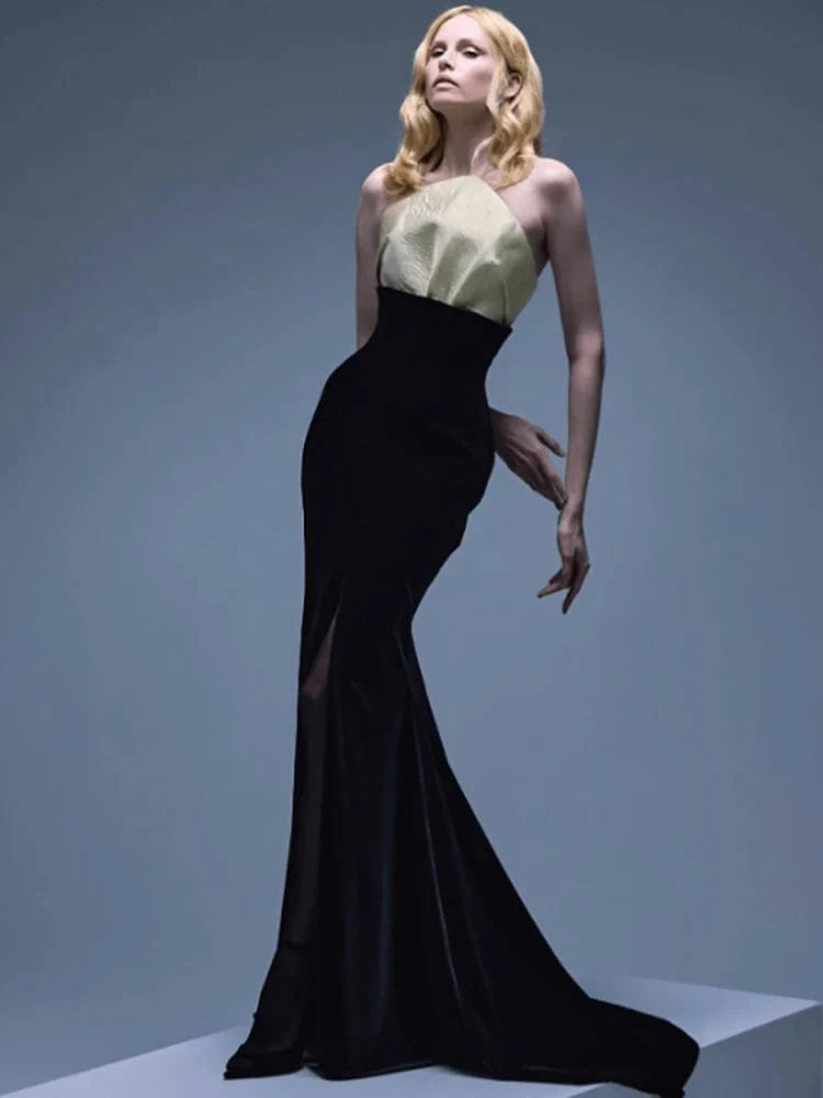 Women 2025 Black Sequin Strapless Mermaid Style Long Dress Hollow out Rose Embellishments Elegant Glamorous Party Evening Gown