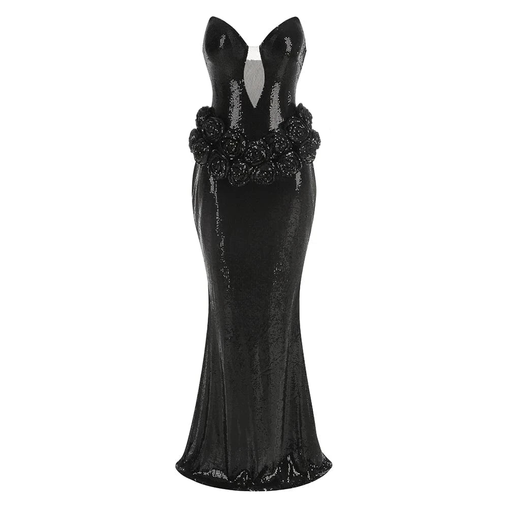 Women 2025 Black Sequin Strapless Mermaid Style Long Dress Hollow out Rose Embellishments Elegant Glamorous Party Evening Gown