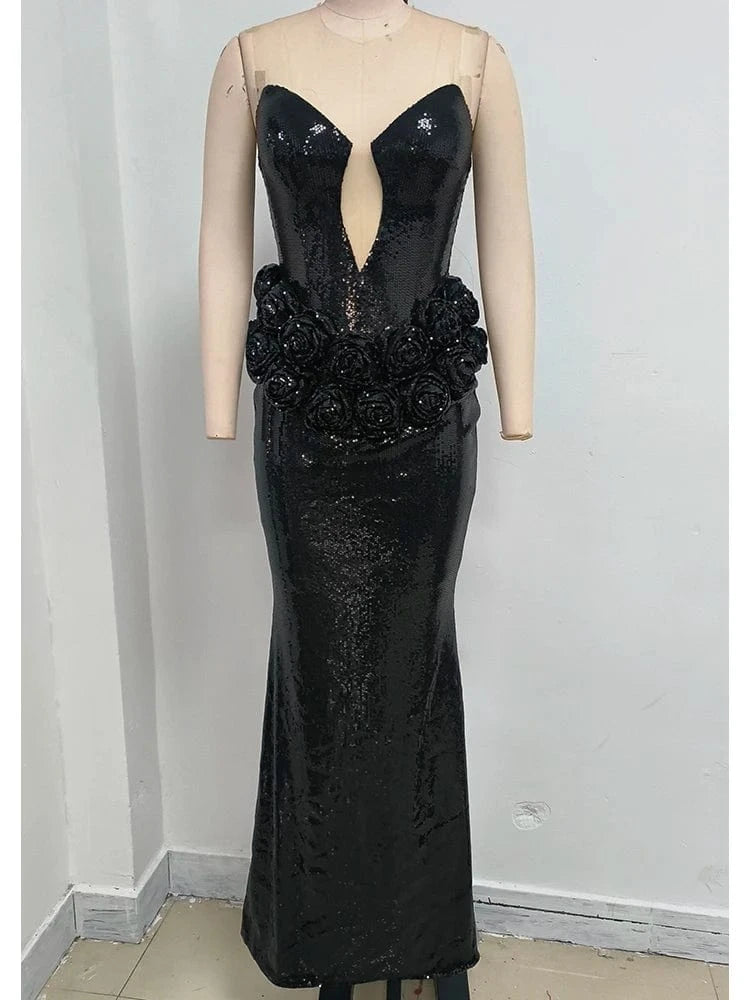 Women 2025 Black Sequin Strapless Mermaid Style Long Dress Hollow out Rose Embellishments Elegant Glamorous Party Evening Gown