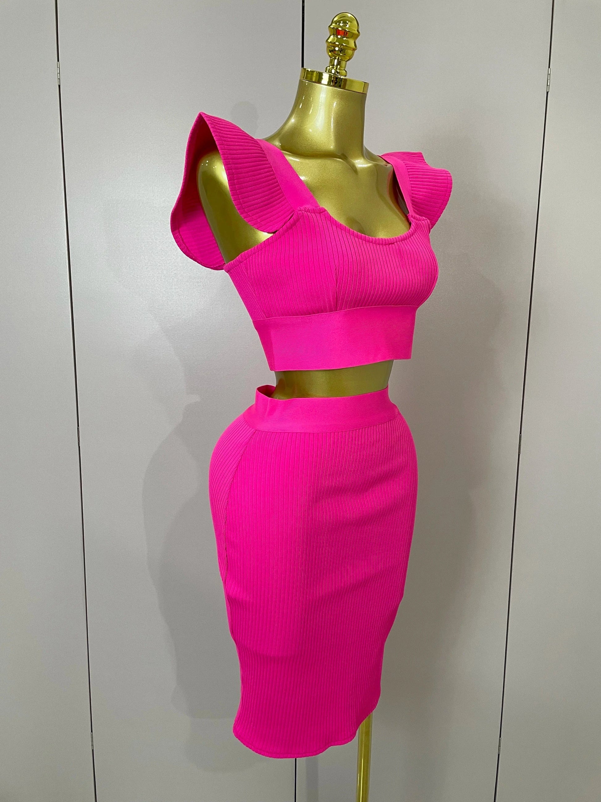 Women 2025 New Sexy Backless Ruffles Red Bandage Two Pices Set 2025 Celebrity Evening Elegance Birthday Party Dress