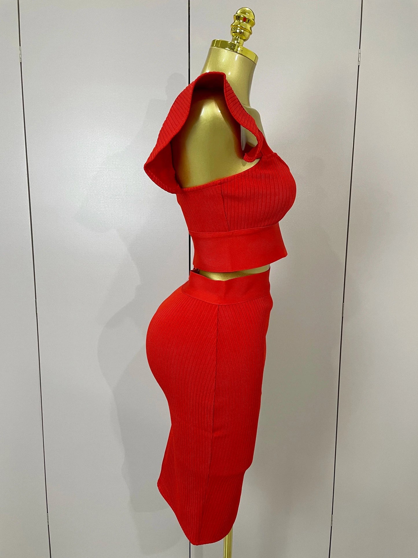 Women 2025 New Sexy Backless Ruffles Red Bandage Two Pices Set 2025 Celebrity Evening Elegance Birthday Party Dress