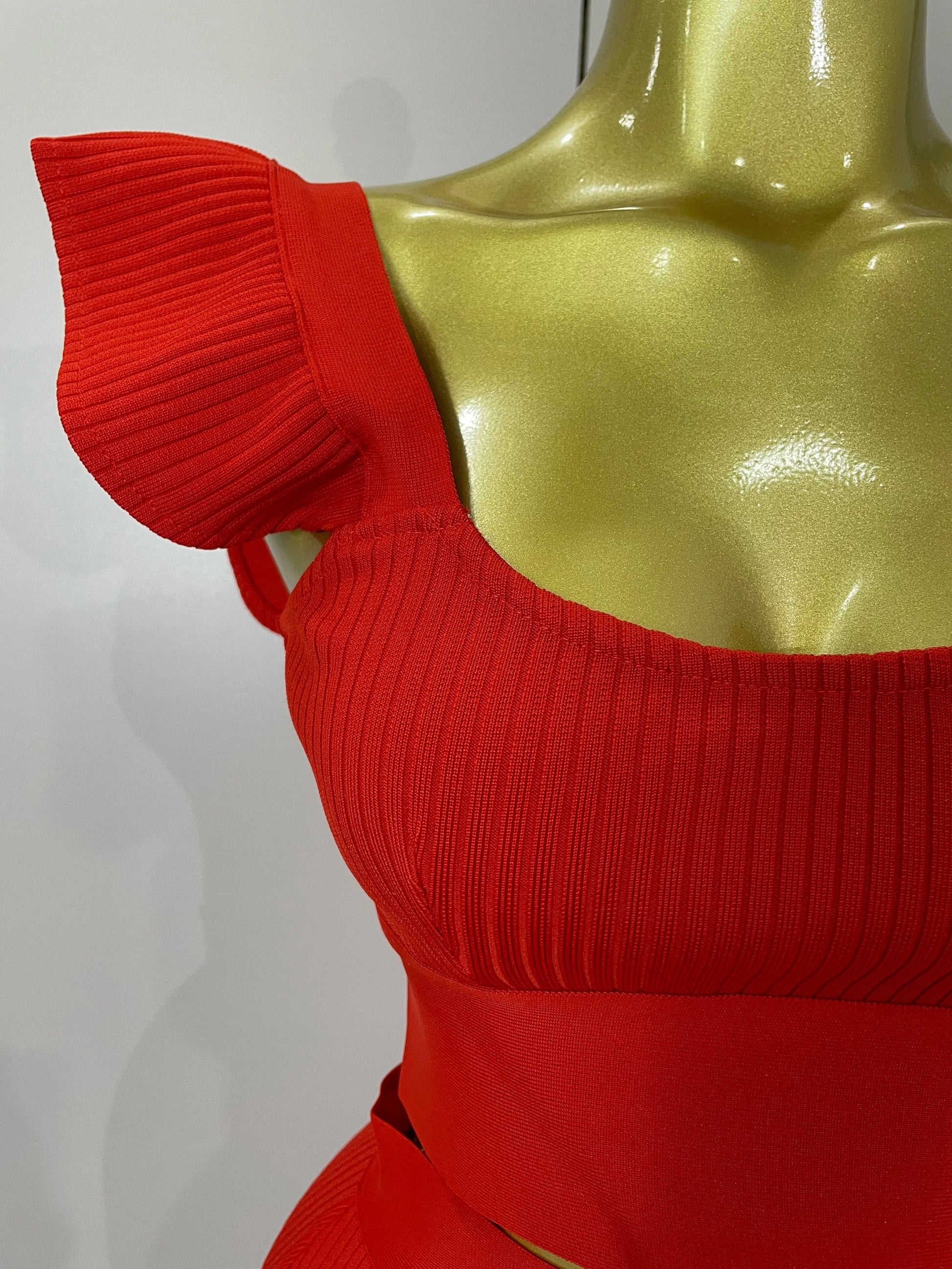 Women 2025 New Sexy Backless Ruffles Red Bandage Two Pices Set 2025 Celebrity Evening Elegance Birthday Party Dress