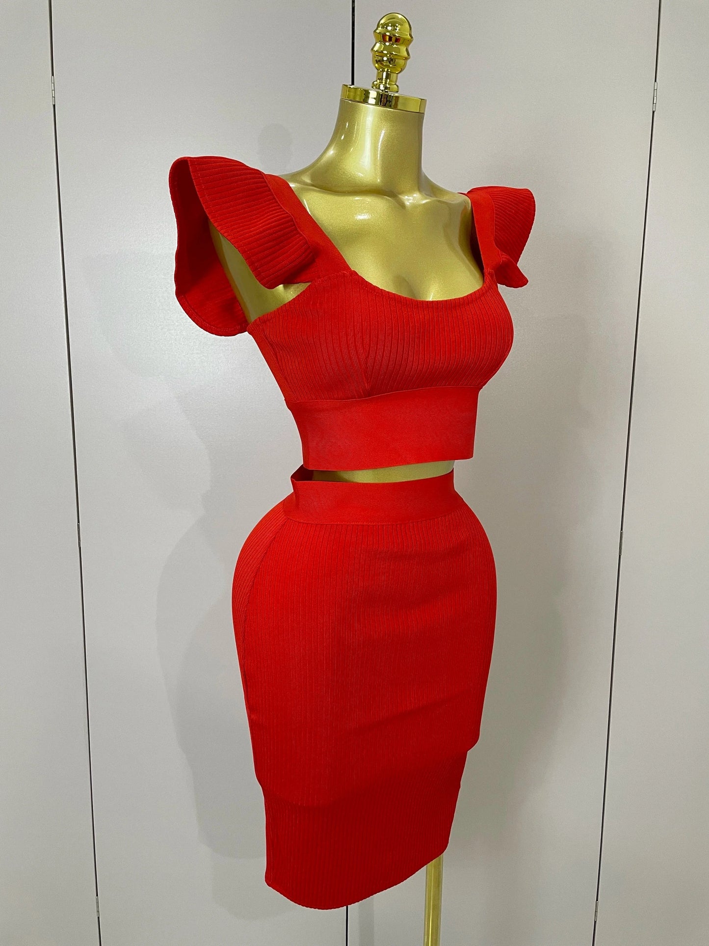 Women 2025 New Sexy Backless Ruffles Red Bandage Two Pices Set 2025 Celebrity Evening Elegance Birthday Party Dress