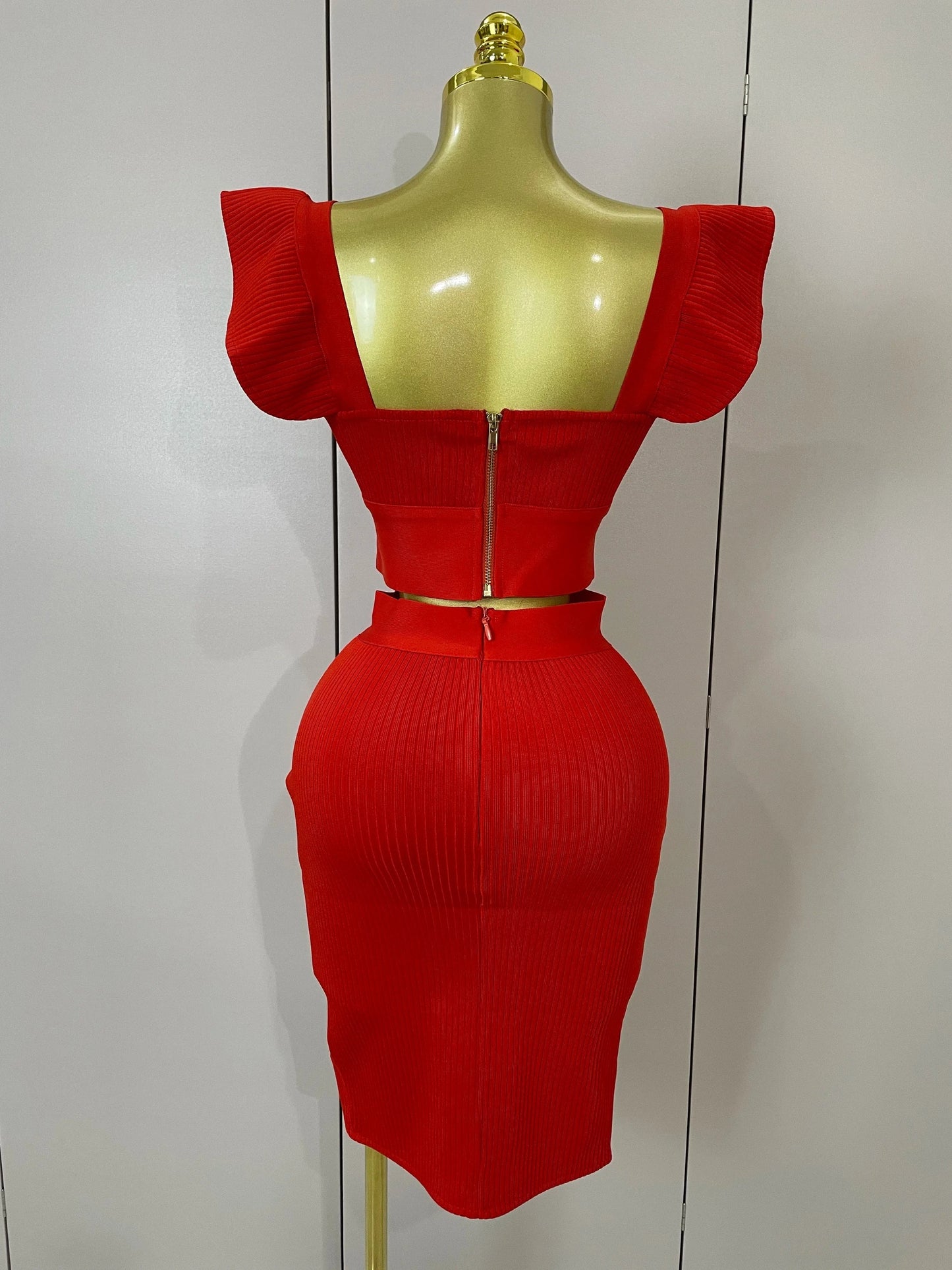 Women 2025 New Sexy Backless Ruffles Red Bandage Two Pices Set 2025 Celebrity Evening Elegance Birthday Party Dress