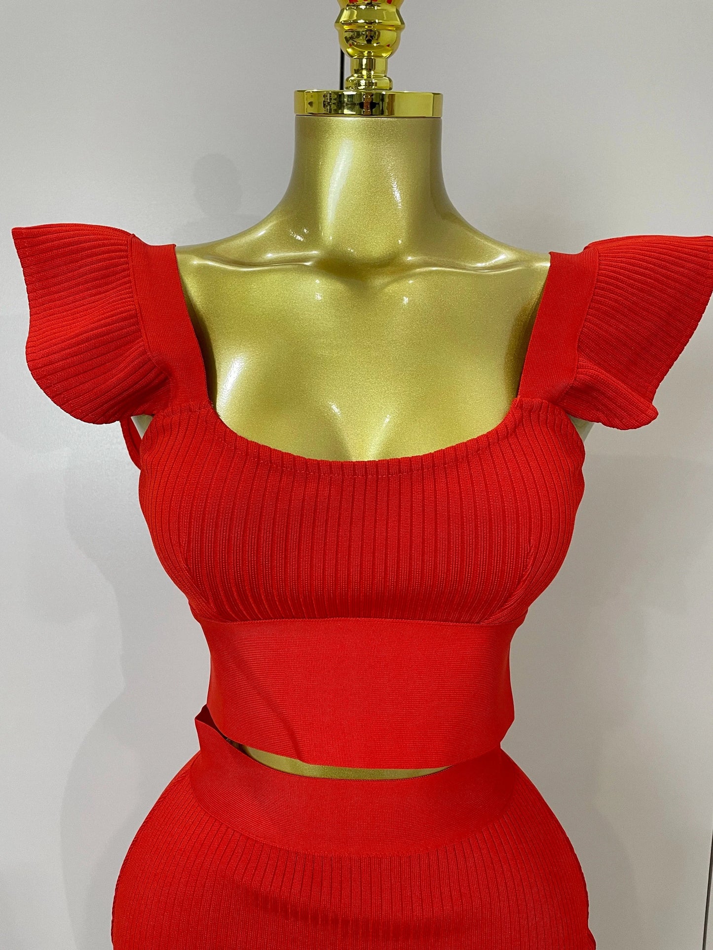 Women 2025 New Sexy Backless Ruffles Red Bandage Two Pices Set 2025 Celebrity Evening Elegance Birthday Party Dress