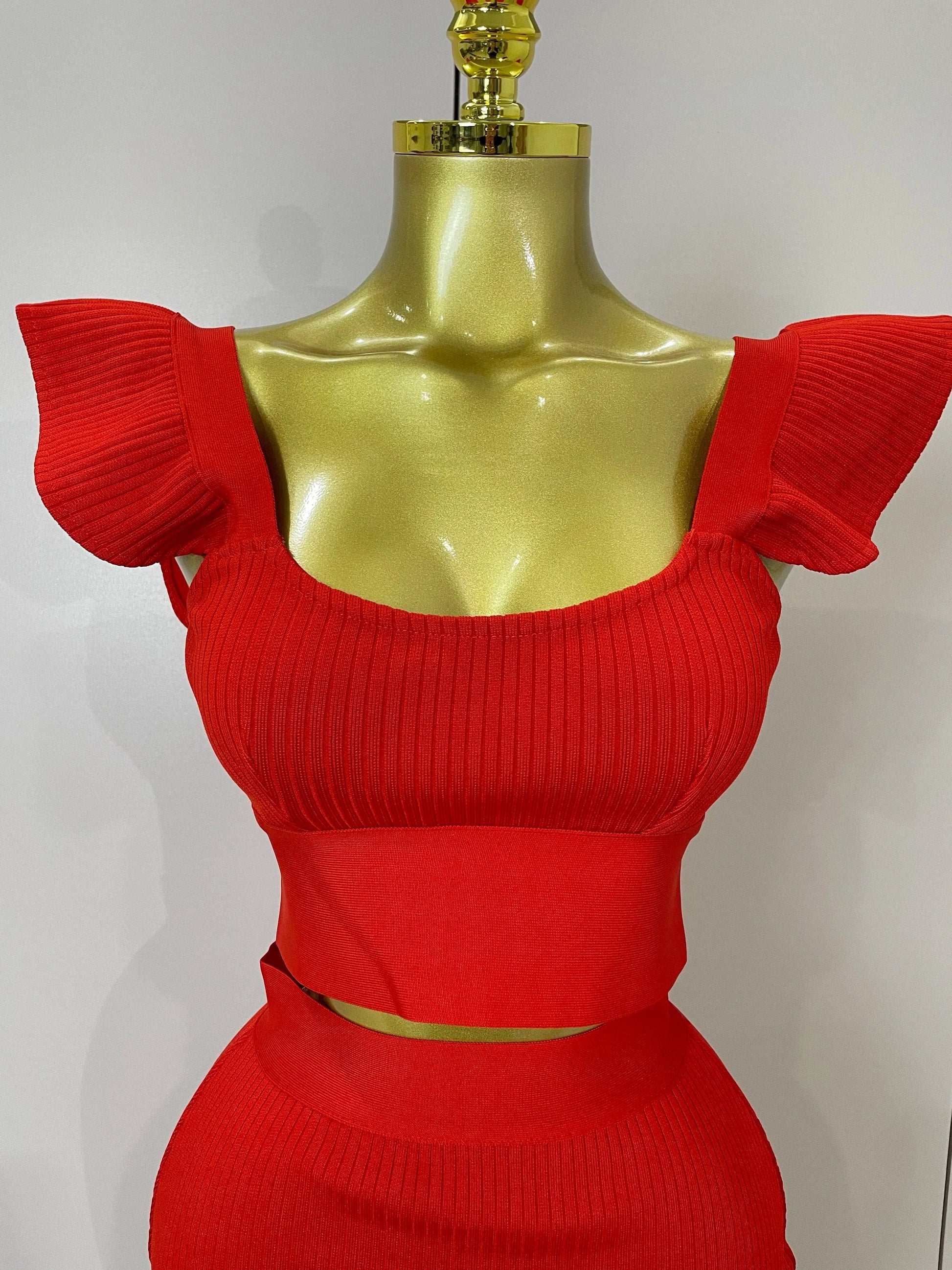 Women 2025 New Sexy Backless Ruffles Red Bandage Two Pices Set 2025 Celebrity Evening Elegance Birthday Party Dress