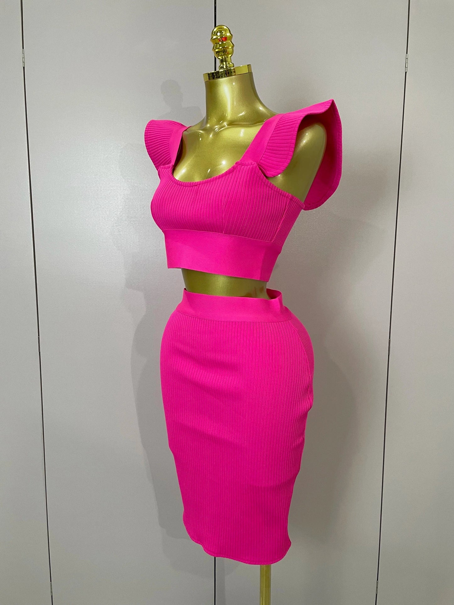 Women 2025 New Sexy Backless Ruffles Red Bandage Two Pices Set 2025 Celebrity Evening Elegance Birthday Party Dress