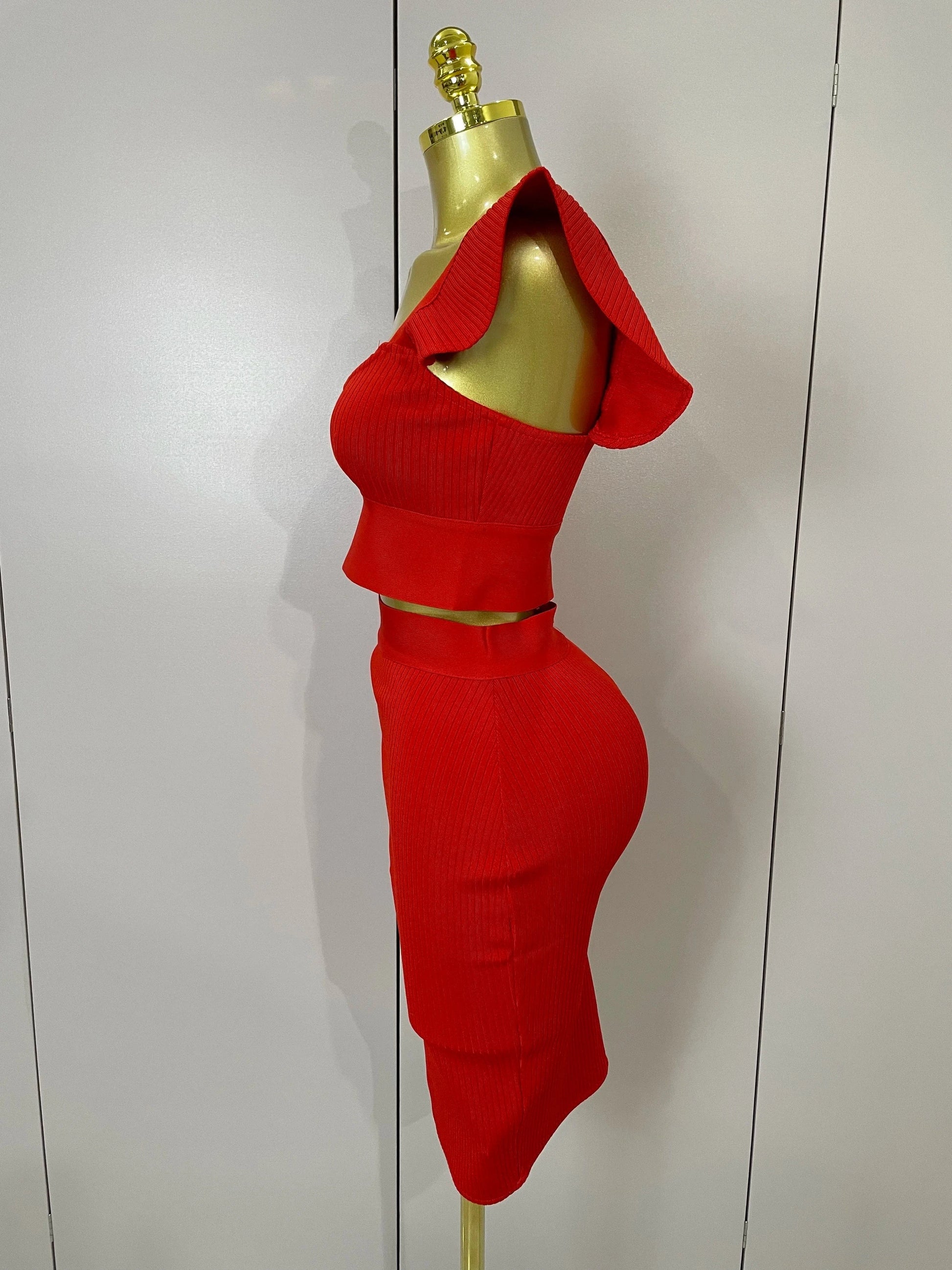 Women 2025 New Sexy Backless Ruffles Red Bandage Two Pices Set 2025 Celebrity Evening Elegance Birthday Party Dress