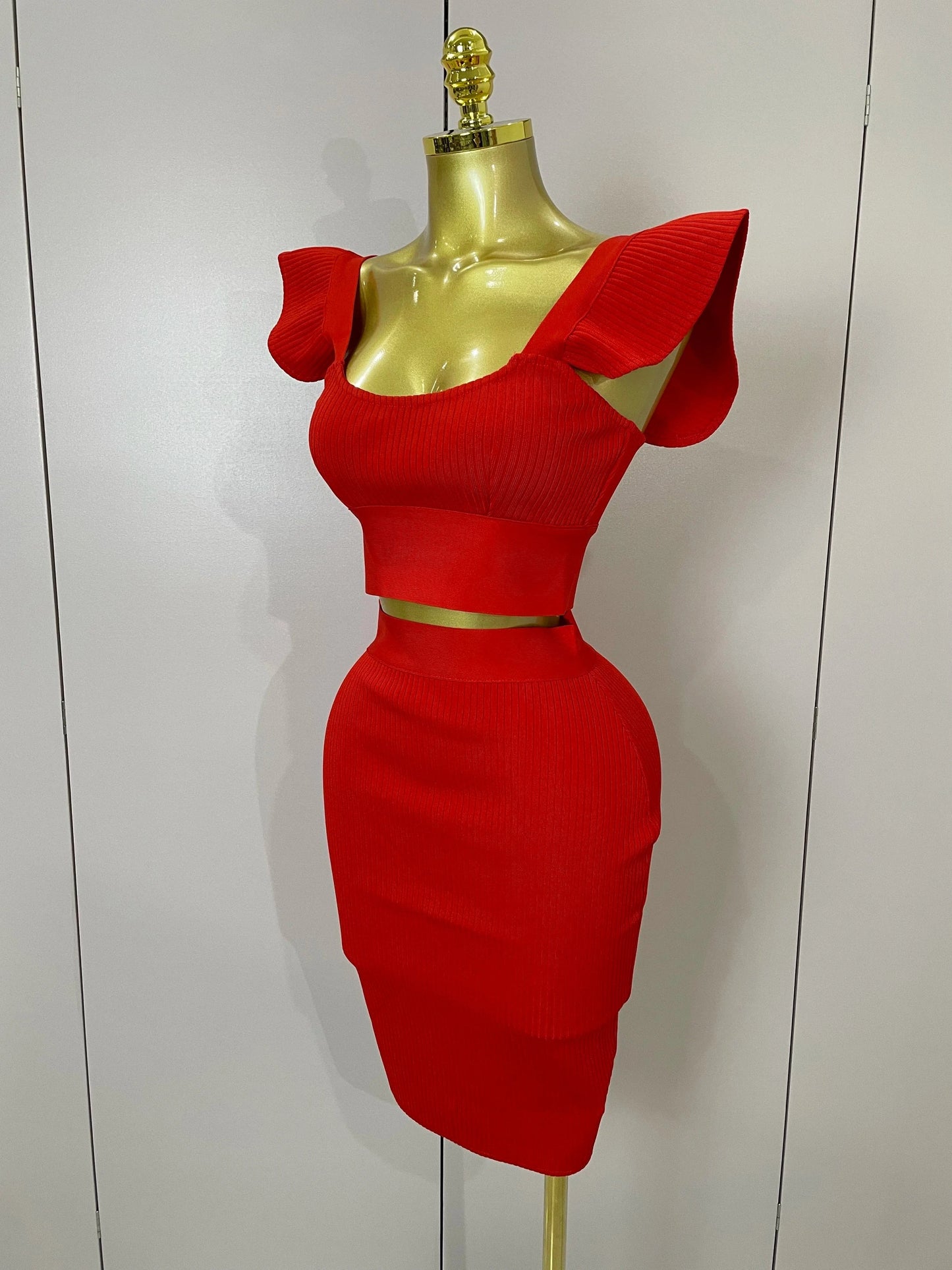 Women 2025 New Sexy Backless Ruffles Red Bandage Two Pices Set 2025 Celebrity Evening Elegance Birthday Party Dress