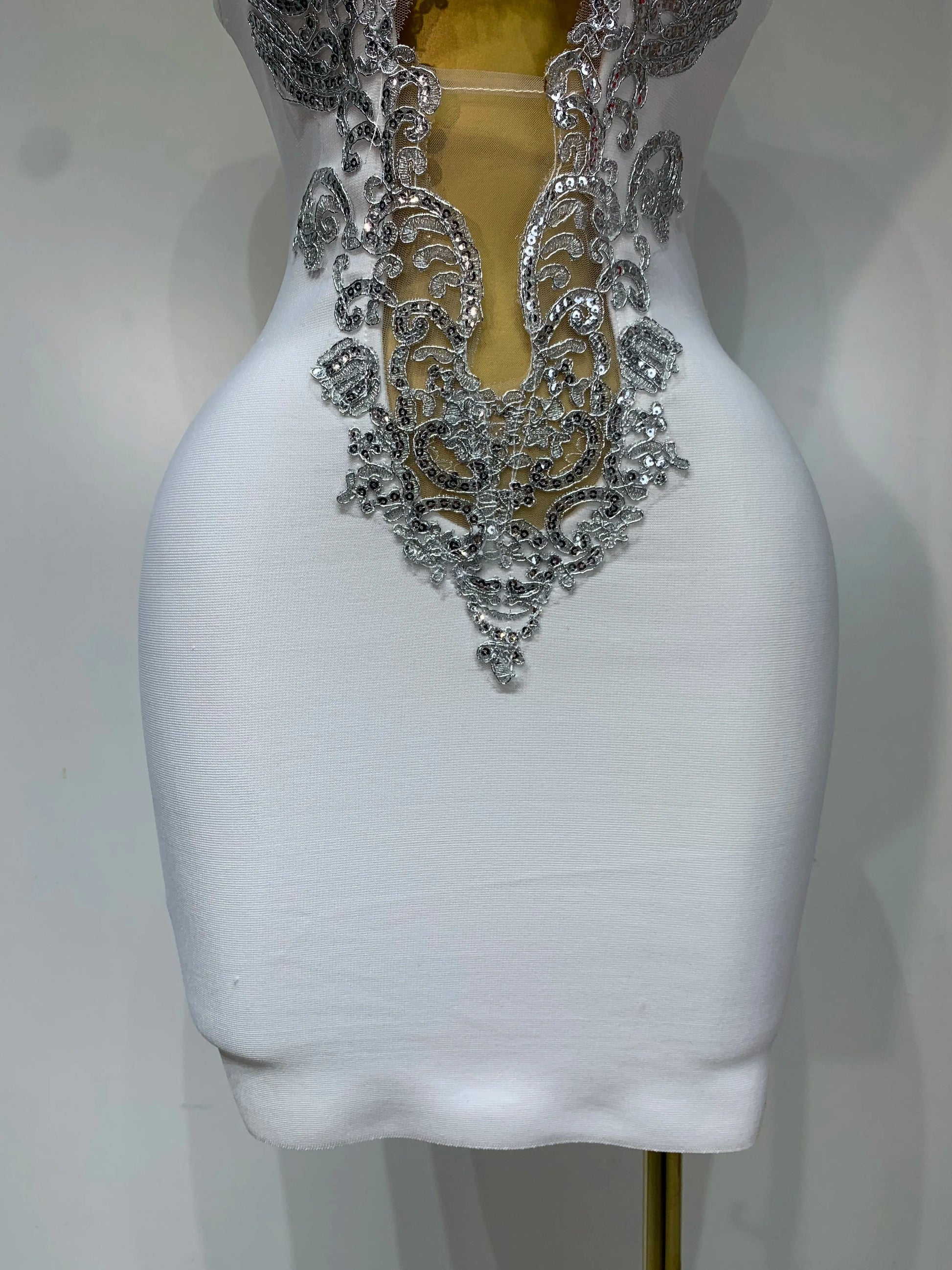 Women 2025 Sexy V Neck Cut Out Short Bandage Dress Silver Sequin White Elegant Luxury Birthday Party Club Wedding Vestidos