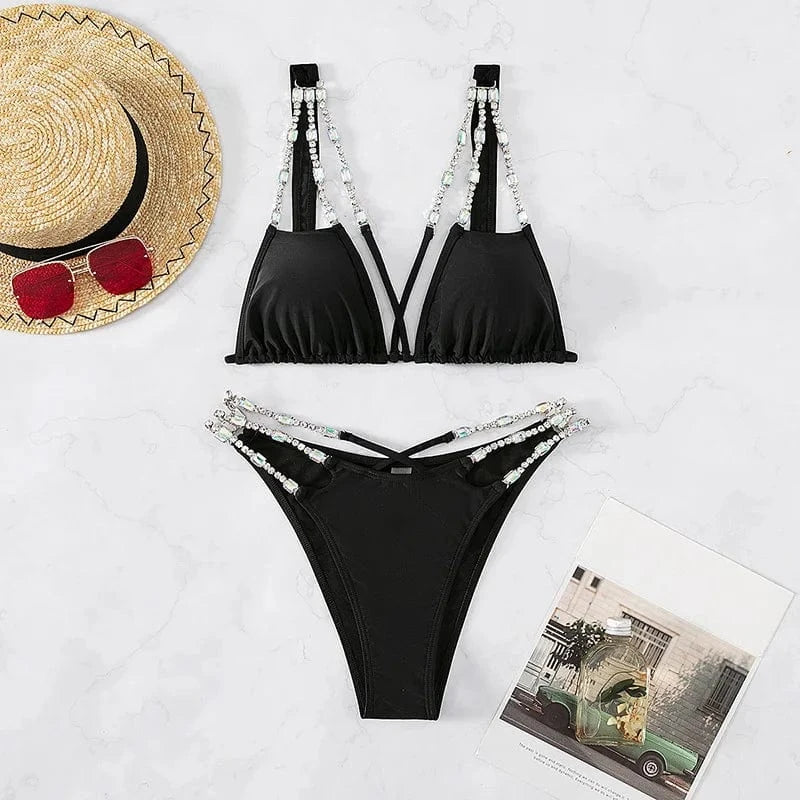 Women 2PCS Shiny Diamond Bikini Set 2024 Luxury Swimwear Sexy Bra Swimsuit Party Bathing Suit Crystal Beachwear Maillot De Bain