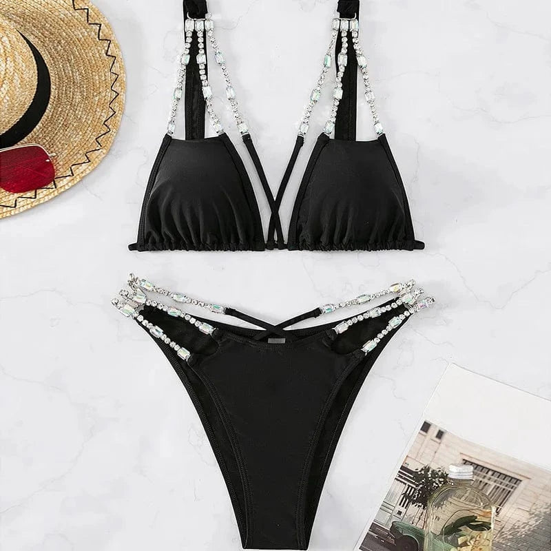 Women 2PCS Shiny Diamond Bikini Set 2024 Luxury Swimwear Sexy Bra Swimsuit Party Bathing Suit Crystal Beachwear Maillot De Bain