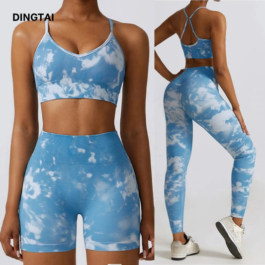 Women 3 Piece Yoga Set Activewear Suit Jogger Seamless Sportswear Fitness Workout Gym Clothing