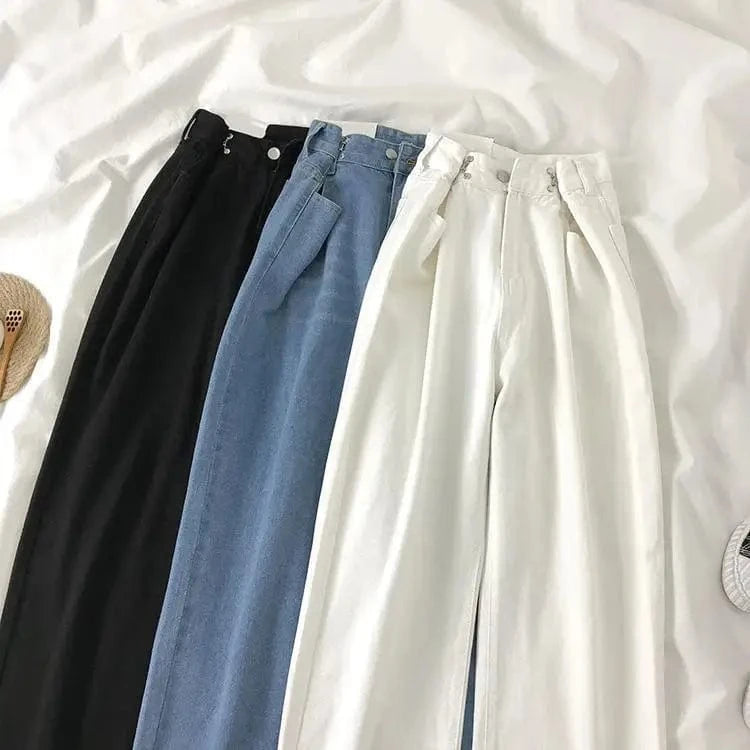 Women's Pants Streetwear Straight Solid Color High Waist Trouser Baggy Fashion Girl Student Jeans Wide Leg Mom Denim Pants