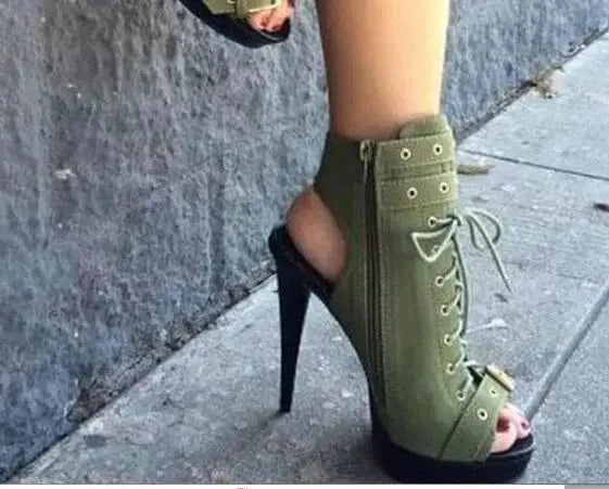 Women Ankle Peep Toe Side Zipper Lace Up Slingbacks Stiletto Heel Footwear 34-43 Sexy Large Size Ladies Shoes