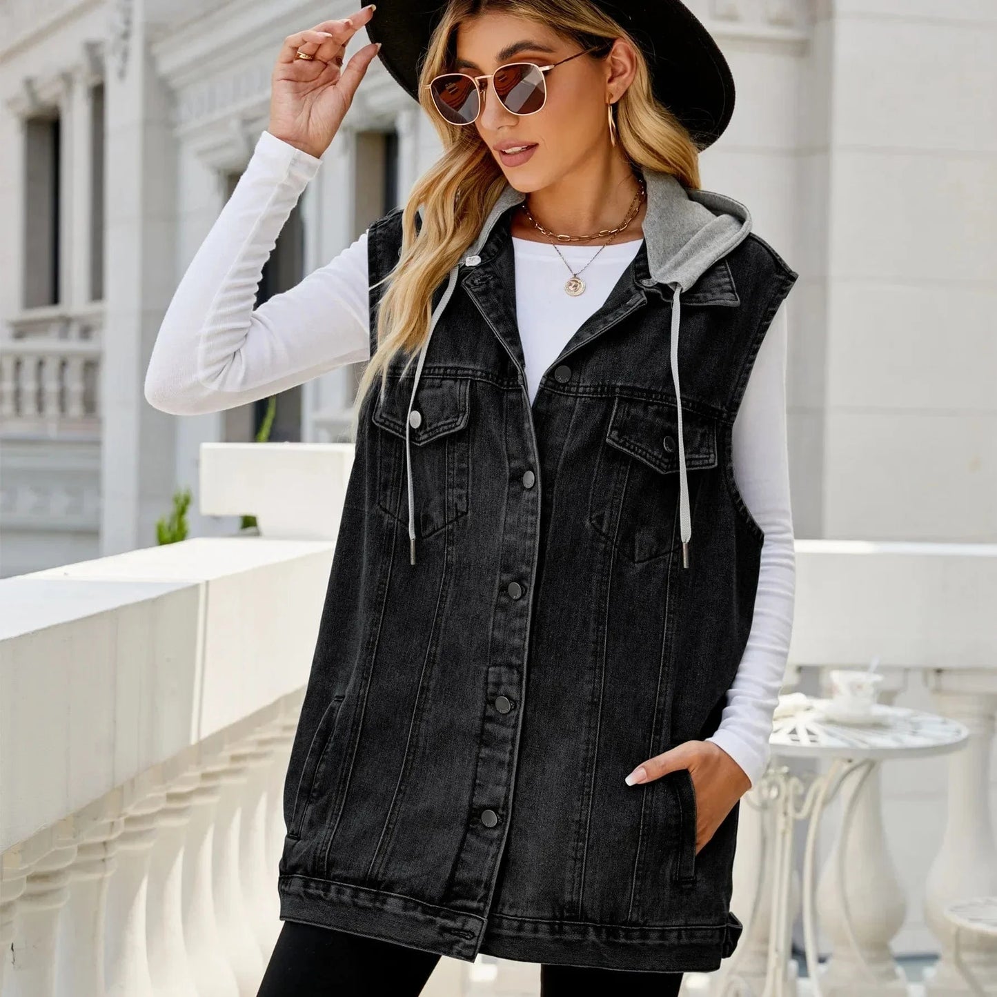 Women Autumn Winter Sleeveless Hooded Denim Jacket Vest Single Breasted Ripped Pockets Fashion Loose Cardigan Jackets