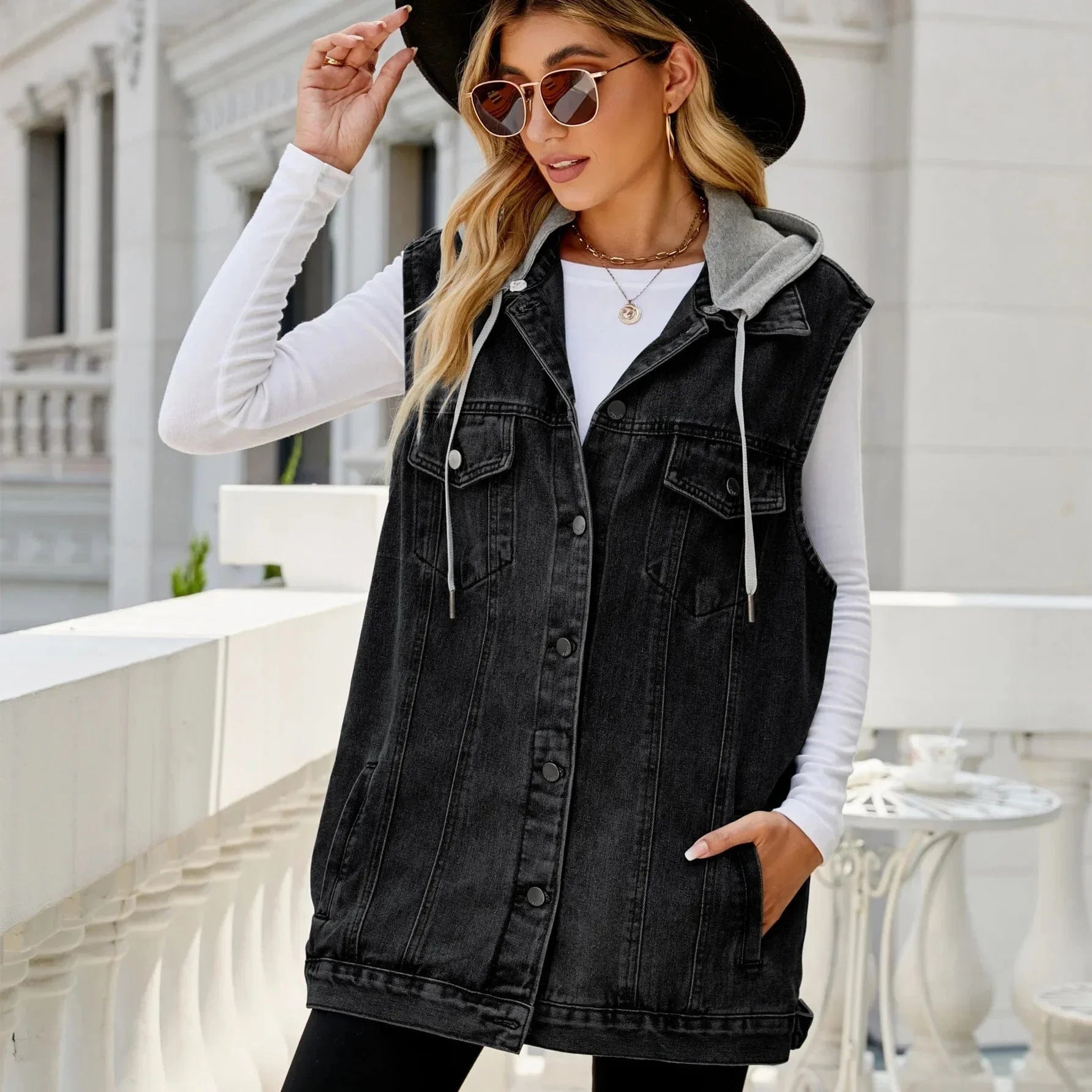 Women Autumn Winter Sleeveless Hooded Denim Jacket Vest Single Breasted Ripped Pockets Fashion Loose Cardigan Jackets