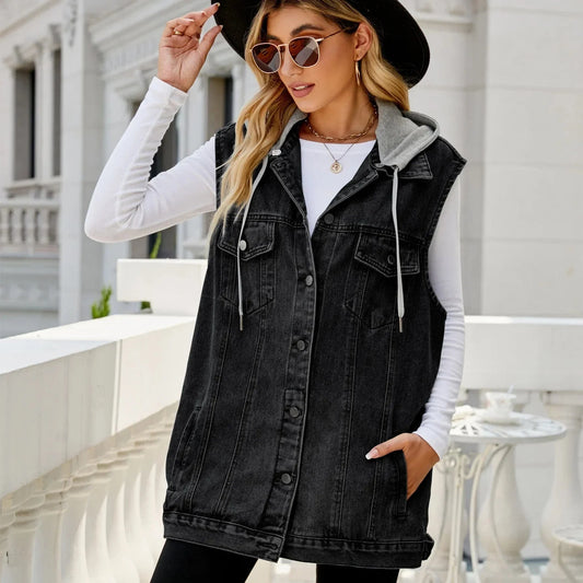 Women Autumn Winter Sleeveless Hooded Denim Jacket Vest Single Breasted Ripped Pockets Fashion Loose Cardigan Jackets