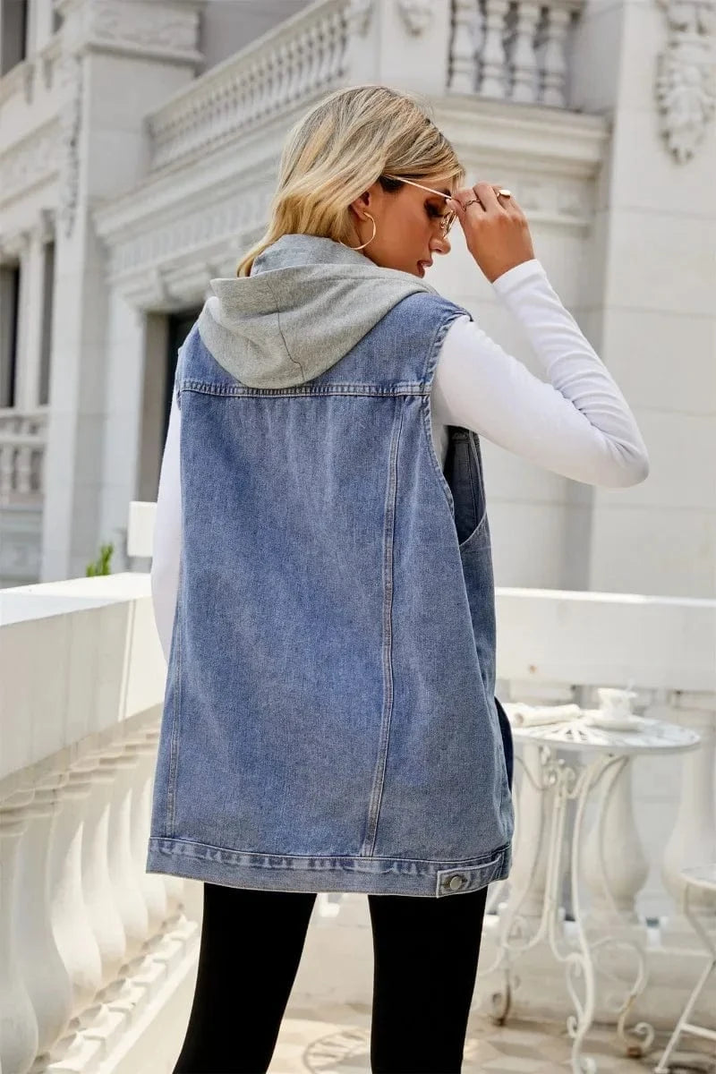 Women Autumn Winter Sleeveless Hooded Denim Jacket Vest Single Breasted Ripped Pockets Fashion Loose Cardigan Jackets