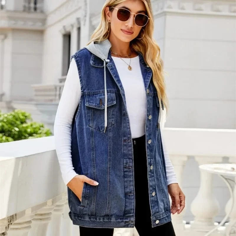 Women Autumn Winter Sleeveless Hooded Denim Jacket Vest Single Breasted Ripped Pockets Fashion Loose Cardigan Jackets