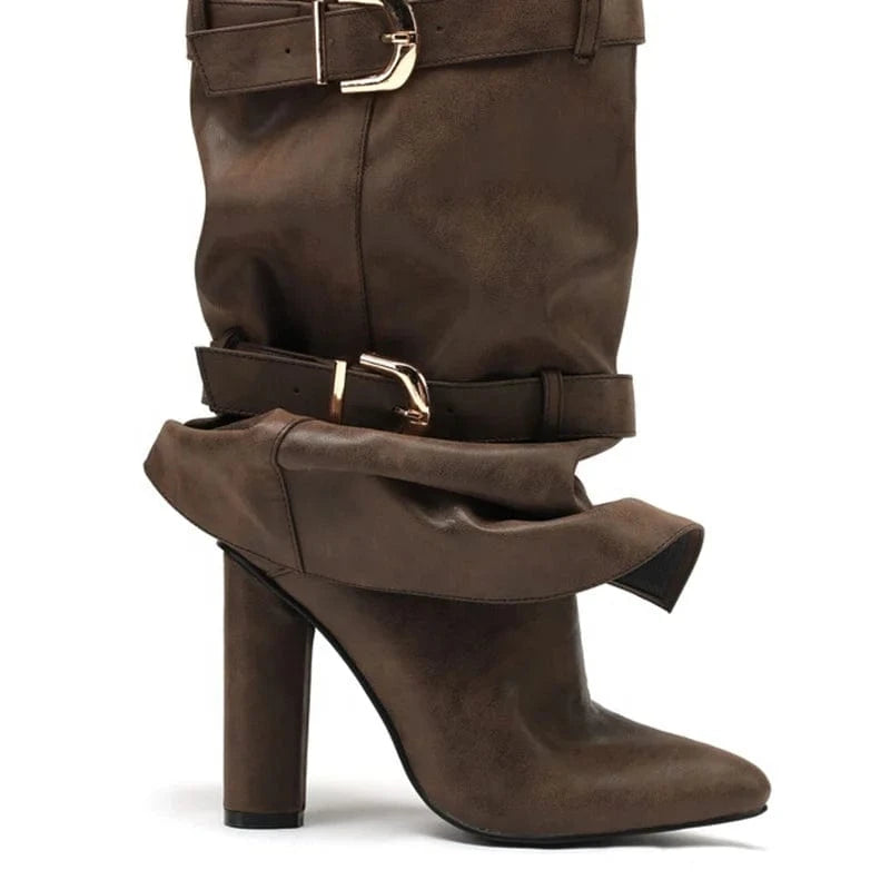 Women Belt Buckles Overlay Custom Styles Over Knee High Boots Ladies High Chunky Heels Shoes Folded Soft Suede Long Booties