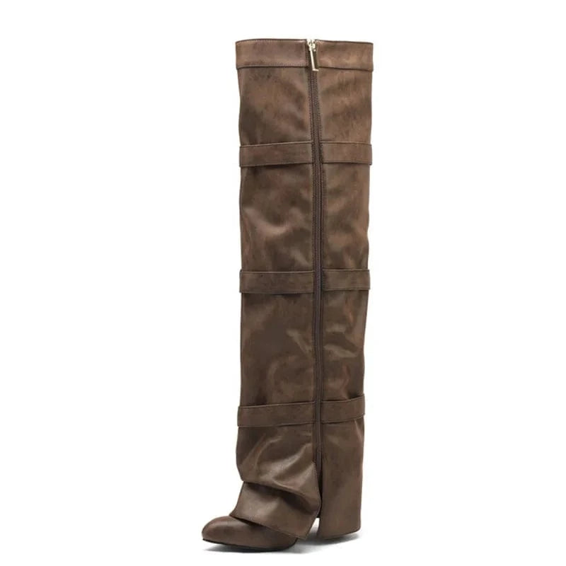 Women Belt Buckles Overlay Custom Styles Over Knee High Boots Ladies High Chunky Heels Shoes Folded Soft Suede Long Booties