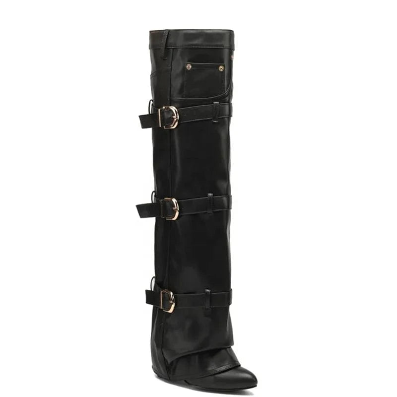 Women Belt Buckles Overlay Custom Styles Over Knee High Boots Ladies High Chunky Heels Shoes Folded Soft Suede Long Booties