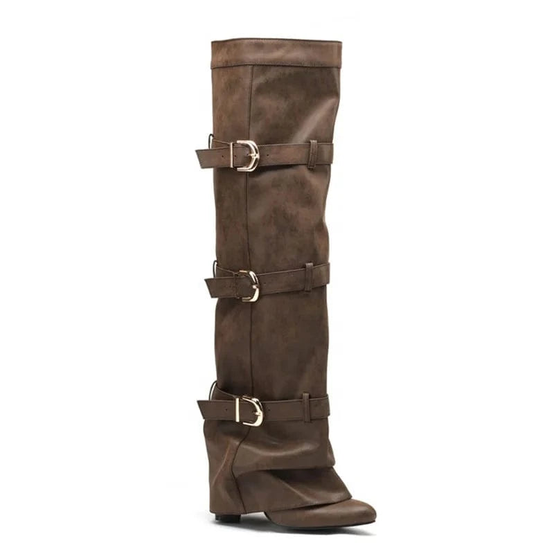 Women Belt Buckles Overlay Custom Styles Over Knee High Boots Ladies High Chunky Heels Shoes Folded Soft Suede Long Booties