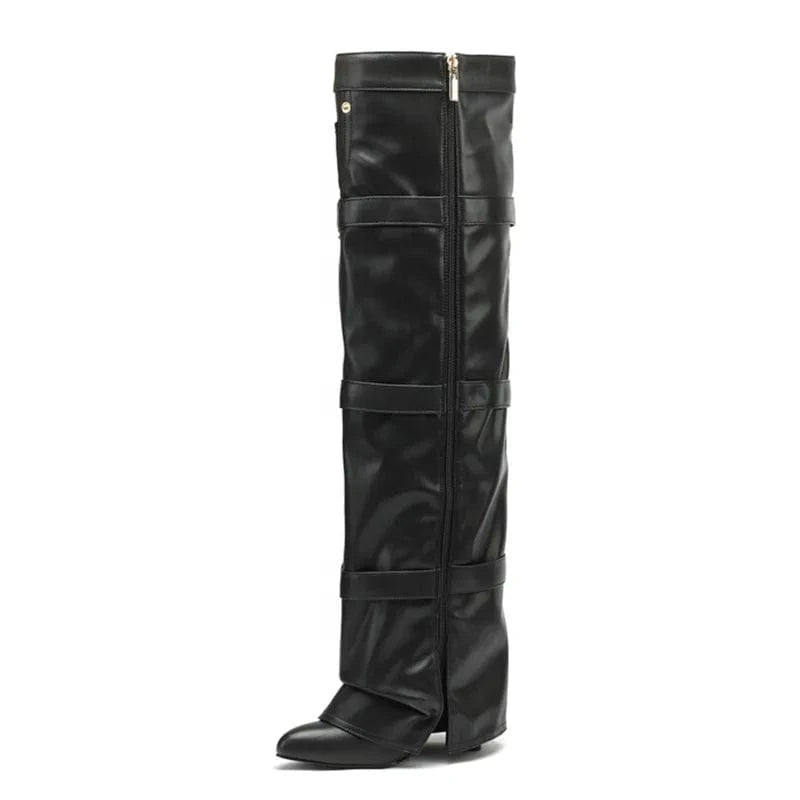 Women Belt Buckles Overlay Custom Styles Over Knee High Boots Ladies High Chunky Heels Shoes Folded Soft Suede Long Booties