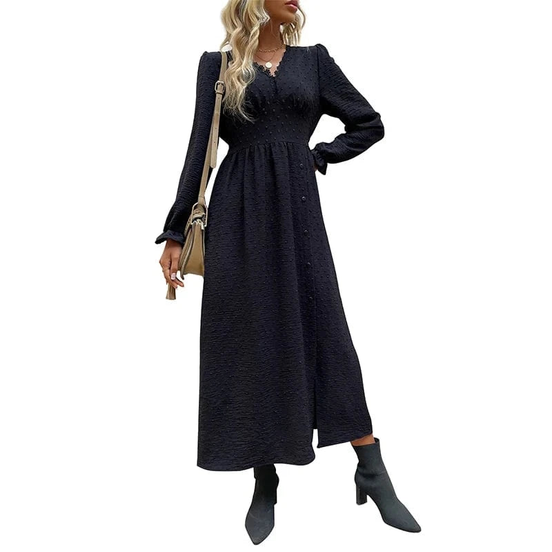 Women Black Soild Colour Long Sleeve Chic Midi Dress V Neck Casual Wholesale Clothing New Arrivals