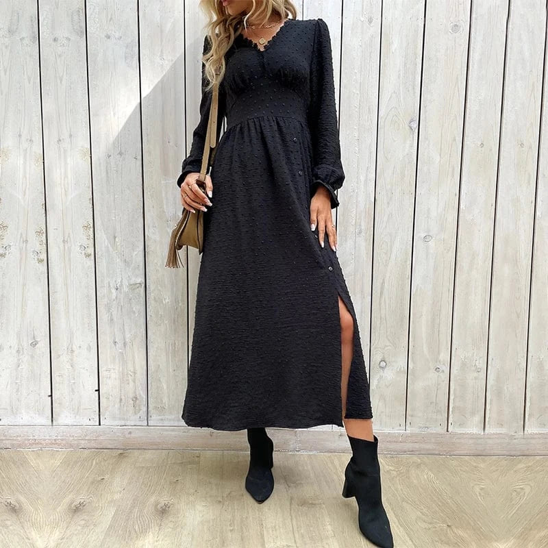 Women Black Soild Colour Long Sleeve Chic Midi Dress V Neck Casual Wholesale Clothing New Arrivals