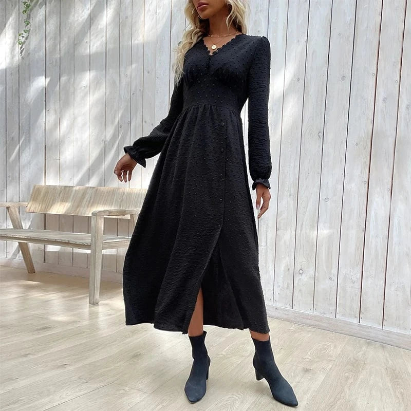 Women Black Soild Colour Long Sleeve Chic Midi Dress V Neck Casual Wholesale Clothing New Arrivals