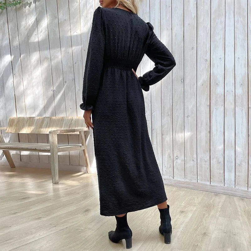 Women Black Soild Colour Long Sleeve Chic Midi Dress V Neck Casual Wholesale Clothing New Arrivals