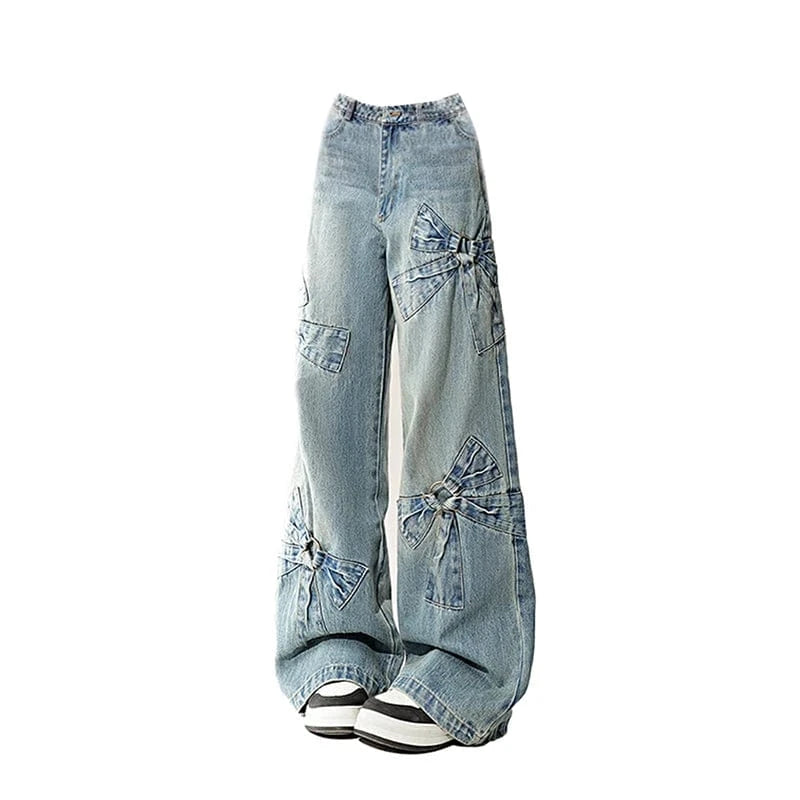 Women Blue Bow Jeans Harajuku Y2k Japanese 2000s Style Aesthetic Baggy Denim Trousers Oversize Jean Pants Vintage Trashy Clothes