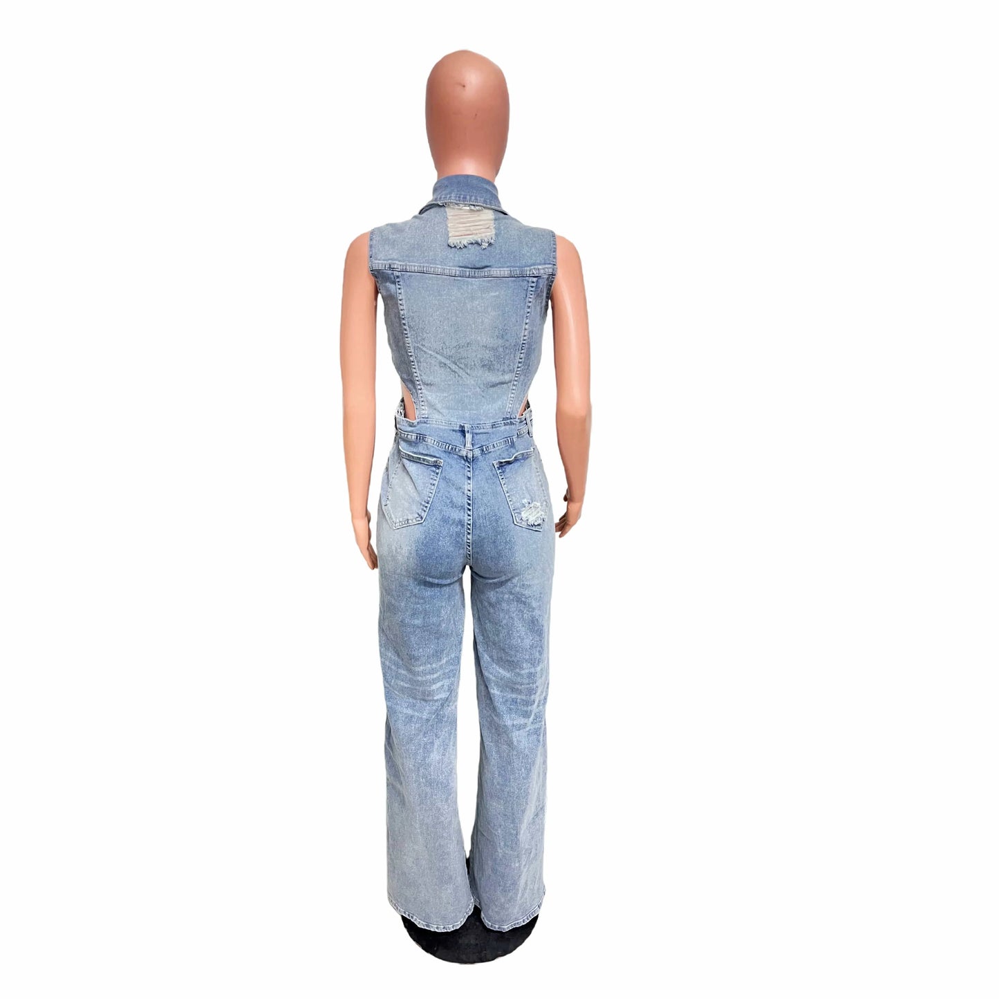 Women Casual High Elastic Washed Denim Sleeveless Hollow Elegant Jumpsuits