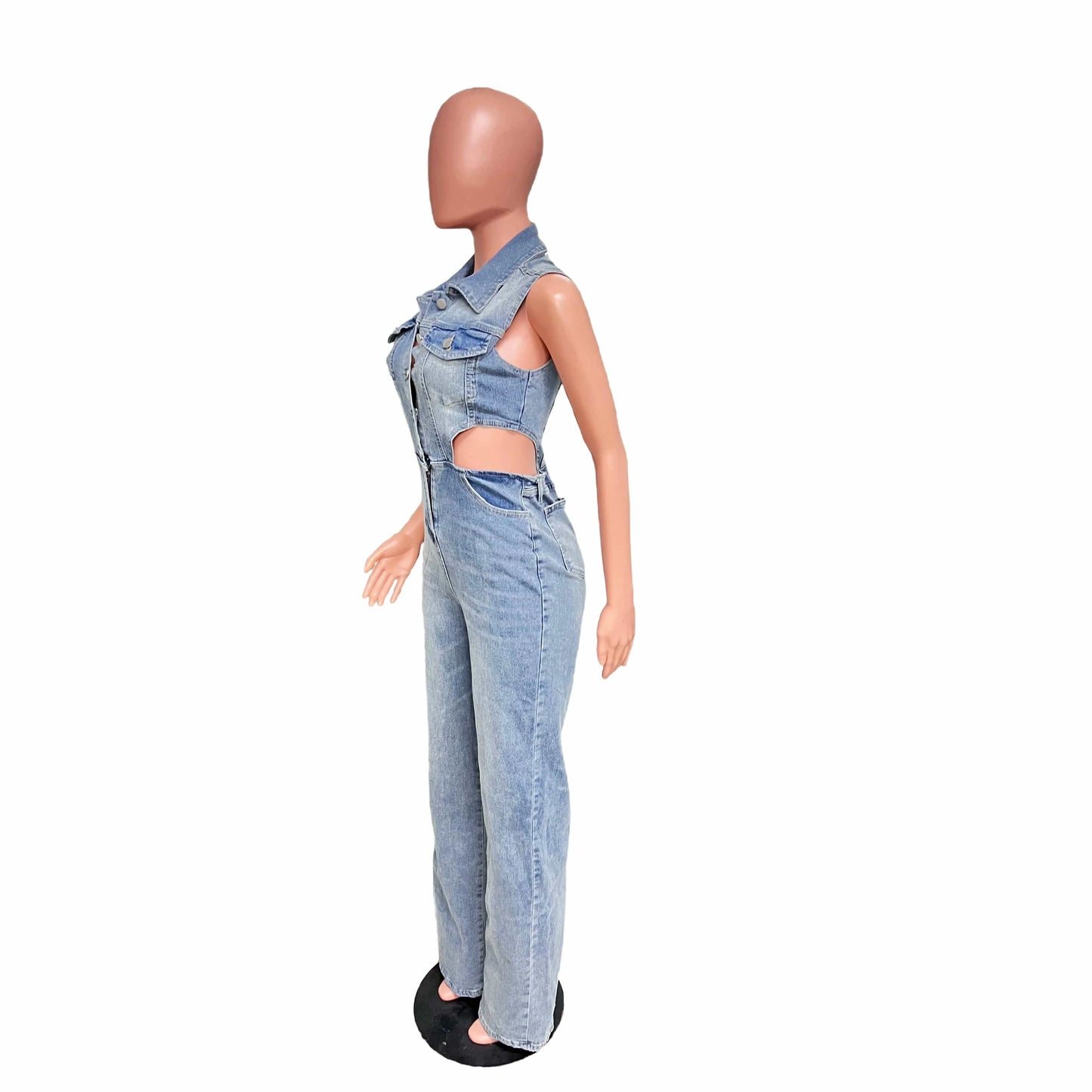 Women Casual High Elastic Washed Denim Sleeveless Hollow Elegant Jumpsuits