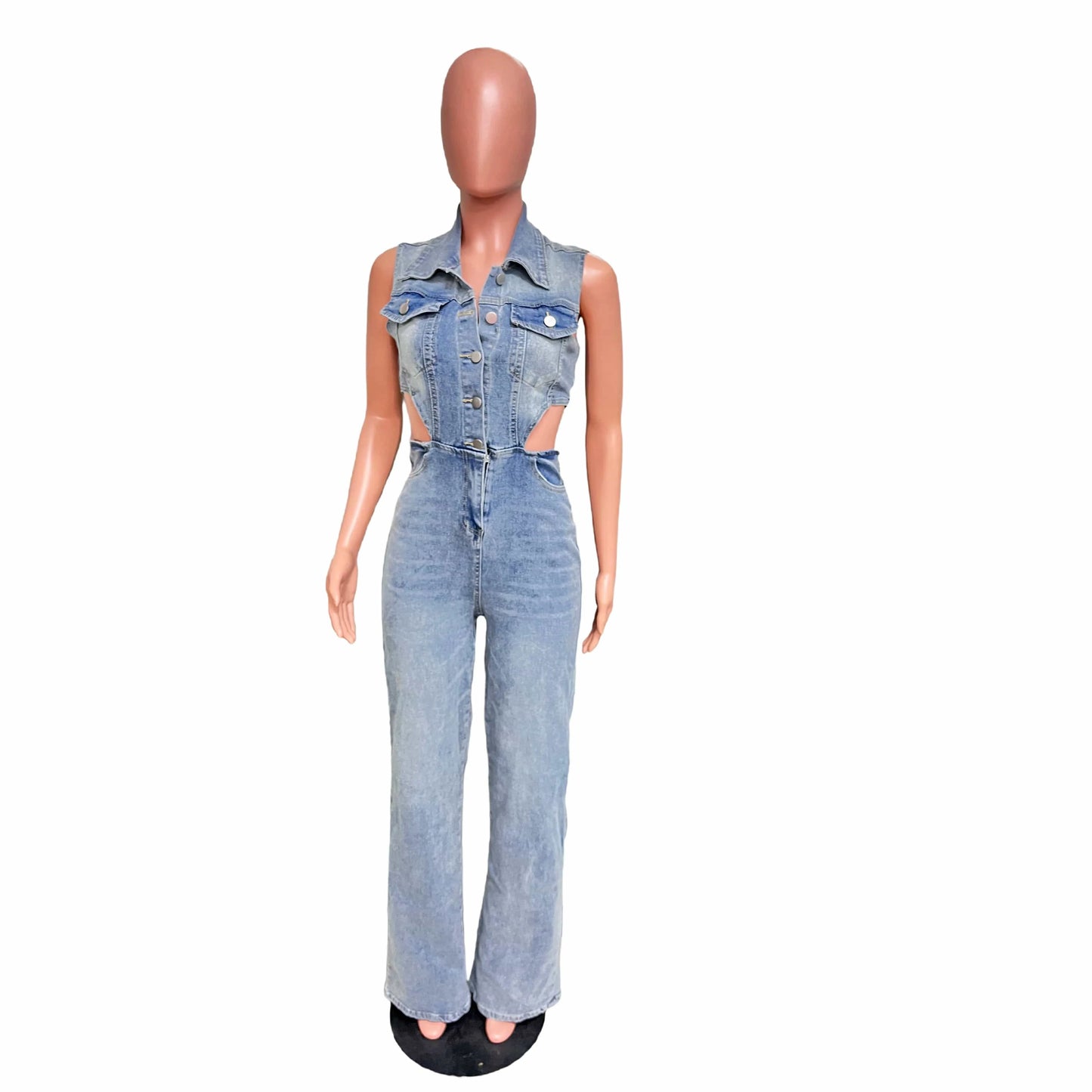 Women Casual High Elastic Washed Denim Sleeveless Hollow Elegant Jumpsuits