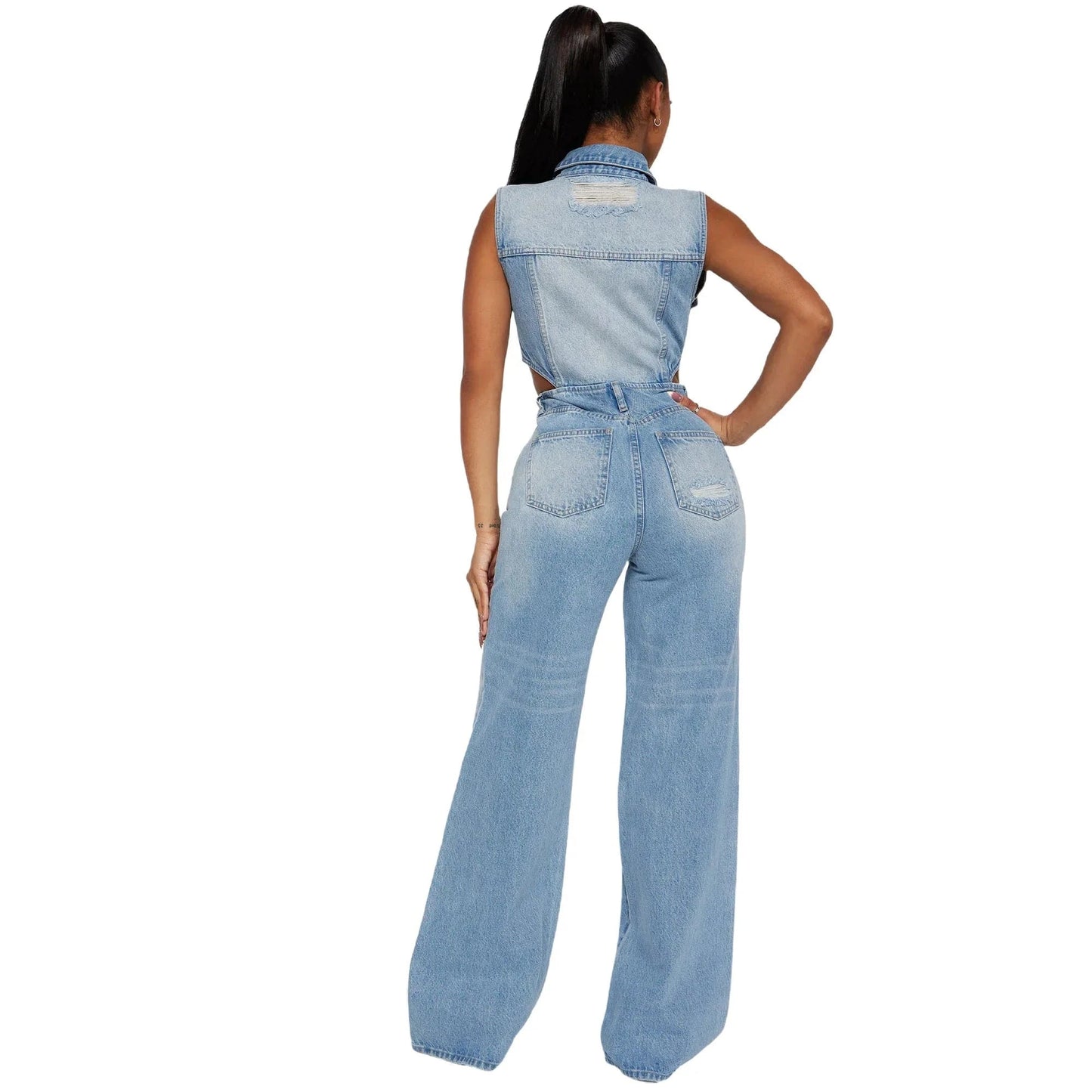 Women Casual High Elastic Washed Denim Sleeveless Hollow Elegant Jumpsuits