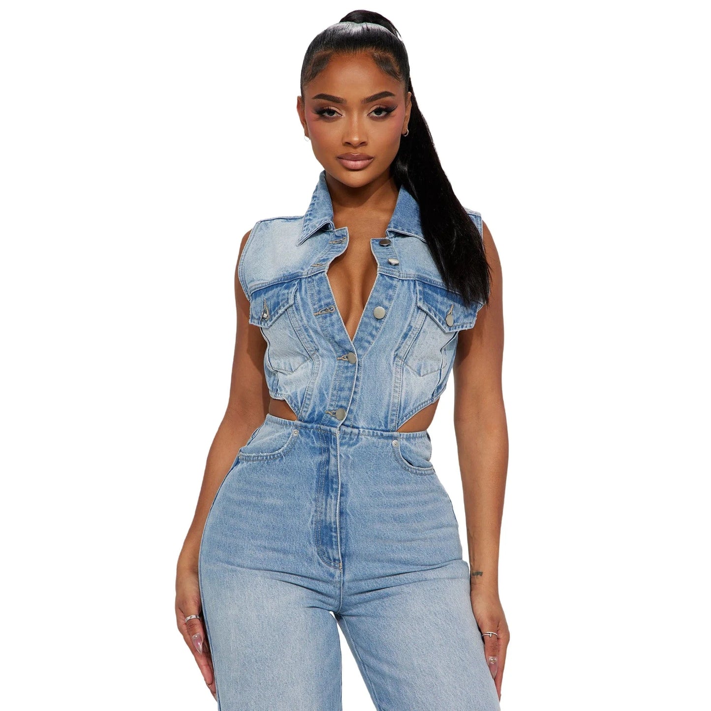 Women Casual High Elastic Washed Denim Sleeveless Hollow Elegant Jumpsuits