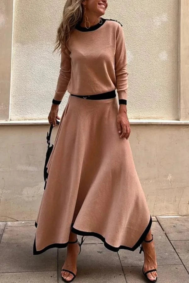 Women Casual Long Sleeve 2Pc Set Fashion Color Blocked Loose 2Pc Outfits Elegant O-neck Pullover Top & lrregular Long Skirt Suit