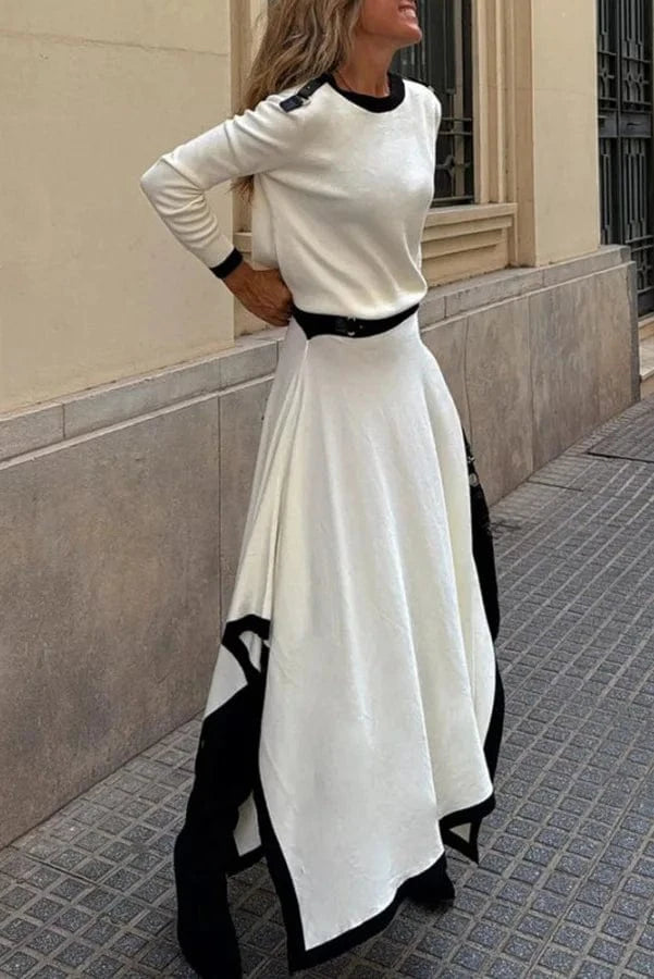 Women Casual Long Sleeve 2Pc Set Fashion Color Blocked Loose 2Pc Outfits Elegant O-neck Pullover Top & lrregular Long Skirt Suit
