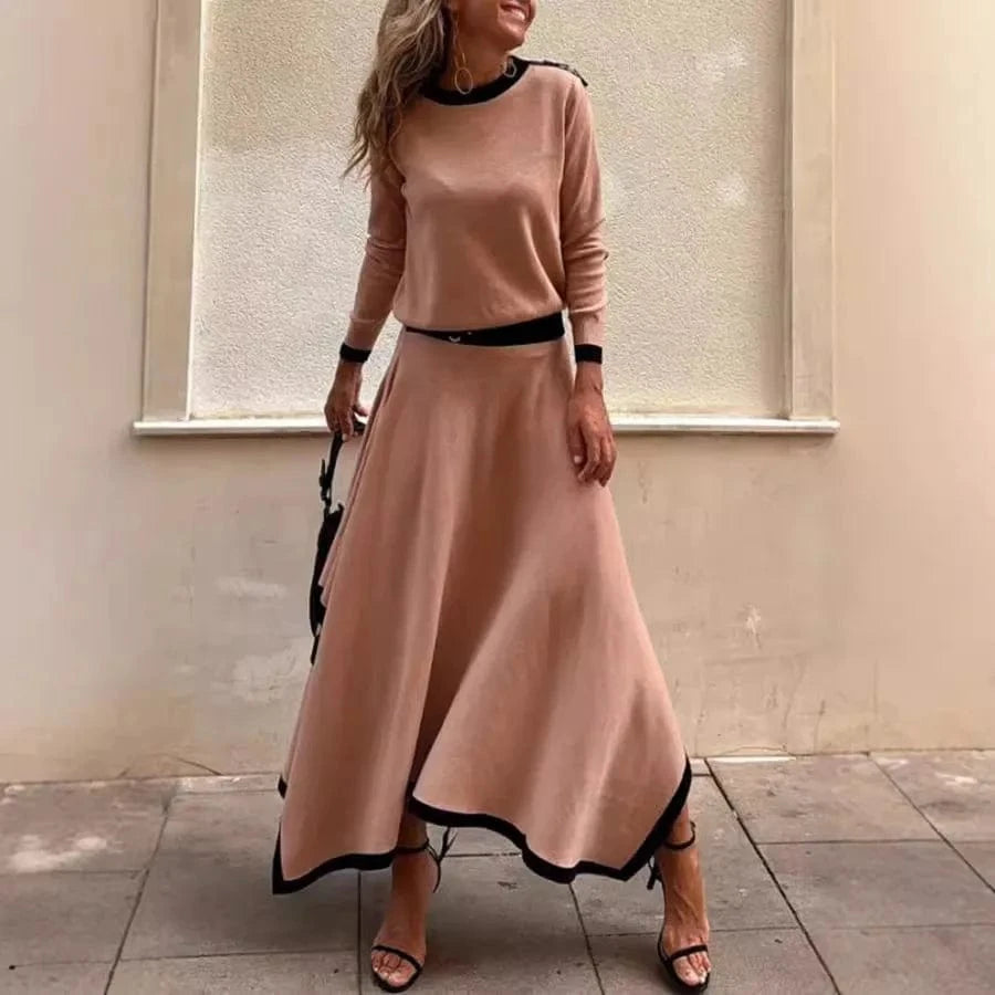 Women Casual Long Sleeve 2Pc Set Fashion Color Blocked Loose 2Pc Outfits Elegant O-neck Pullover Top & lrregular Long Skirt Suit