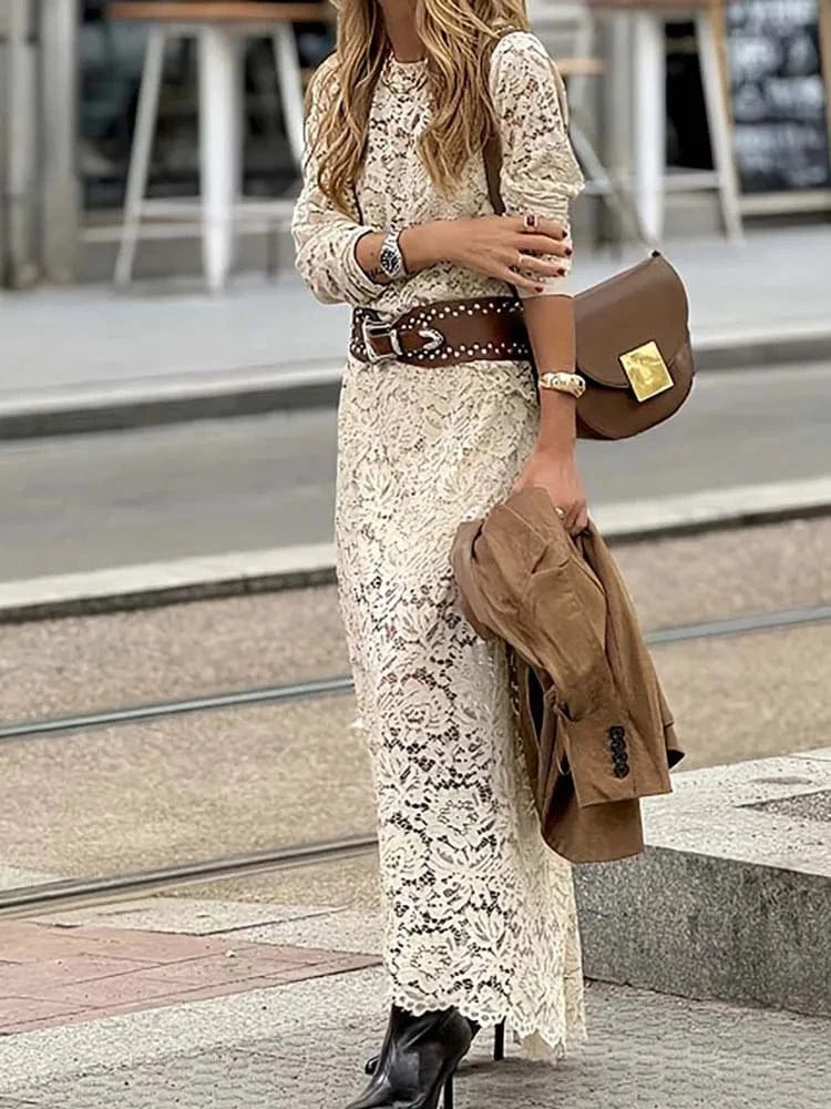 Women Casual Long Sleeve Solid Party Outfits Elegant Lace Embroidery Slim Two Piece Suits Fashion O-neck Tops & Half Skirt Set
