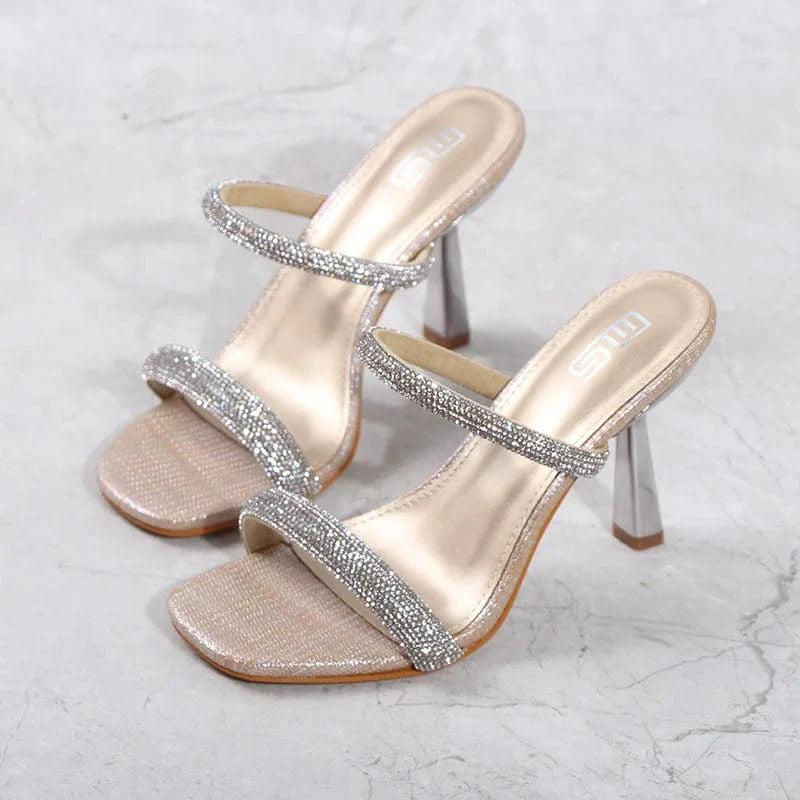 Women Casual Sandals Fashionable Rhinestone Decor Square-toe Shoes T-strap Large Size High Heel Sandals Ladies Vacation Slippers